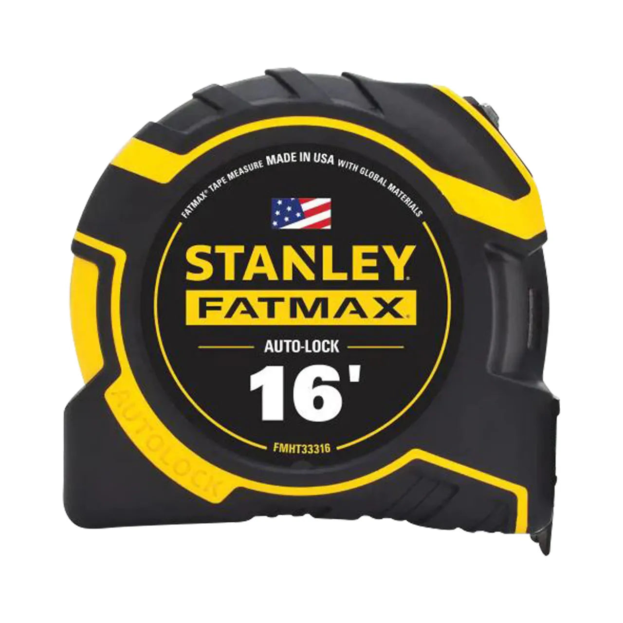 The Go Build 16 ft. FatMax Autolock Tape Measure offers durable, easy measurements with its reliable auto-lock feature. Black and yellow design showcases the brand, The Fastest Way To Build, and product details on the front.